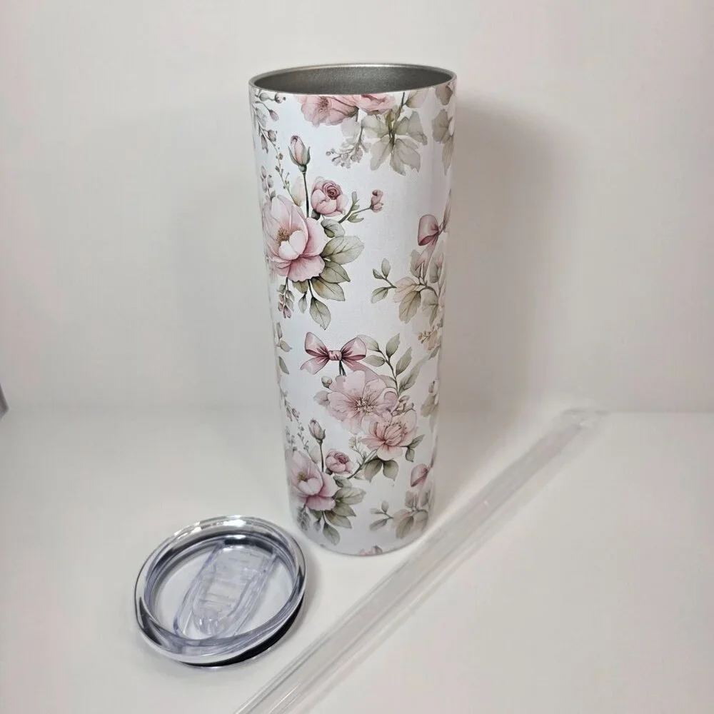 Pink Floral Cottagecore 20 oz Skinny Tumbler | Vintage Roses Bow Aesthetic - Picture 4 of 7